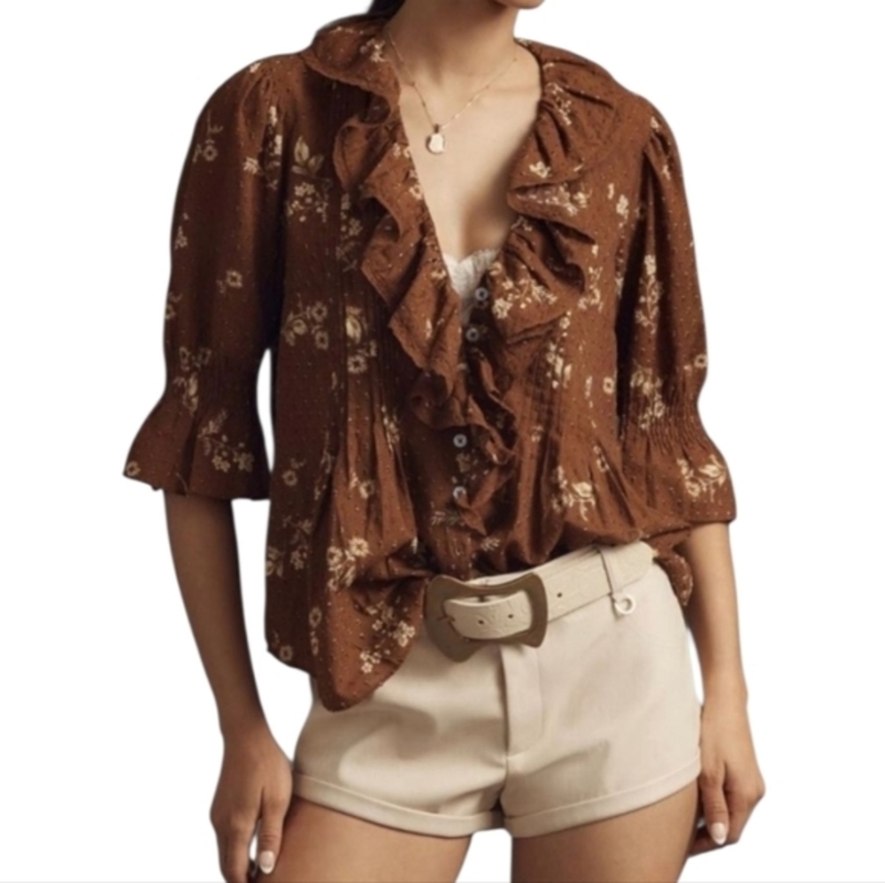 Ultra Pink Brown Floral‎ Ruffle Boho Women's Top Shirt Size Medium New